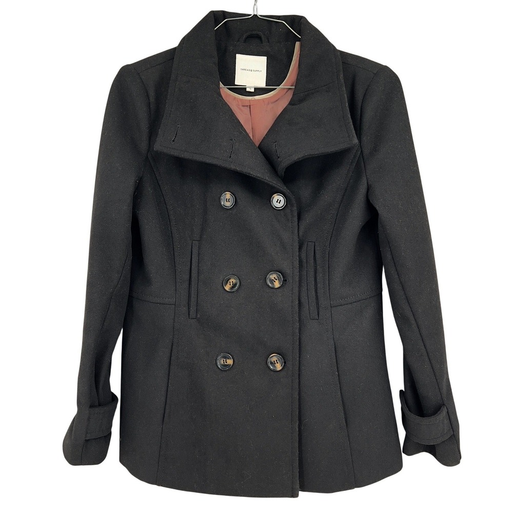 Thread & Supply Womens M Peacoat Black Wool Blend Double Breasted Funnel Neck